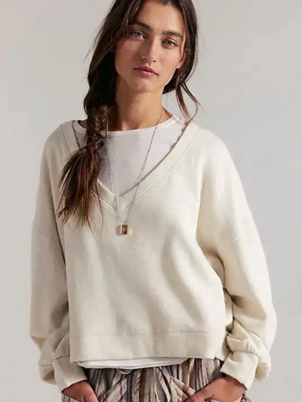 Free People Cream V-Neck Cropped Pullover